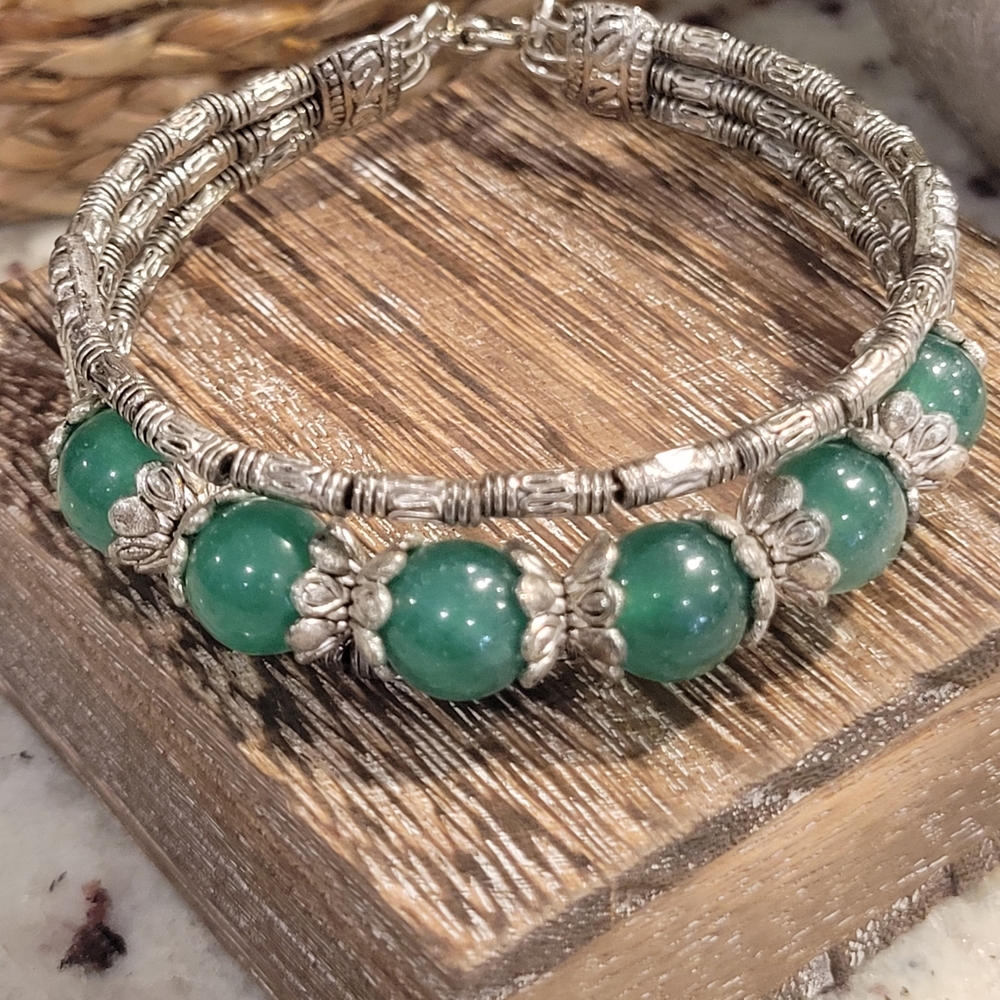 Silver and Green Stone Beaded Bracelet